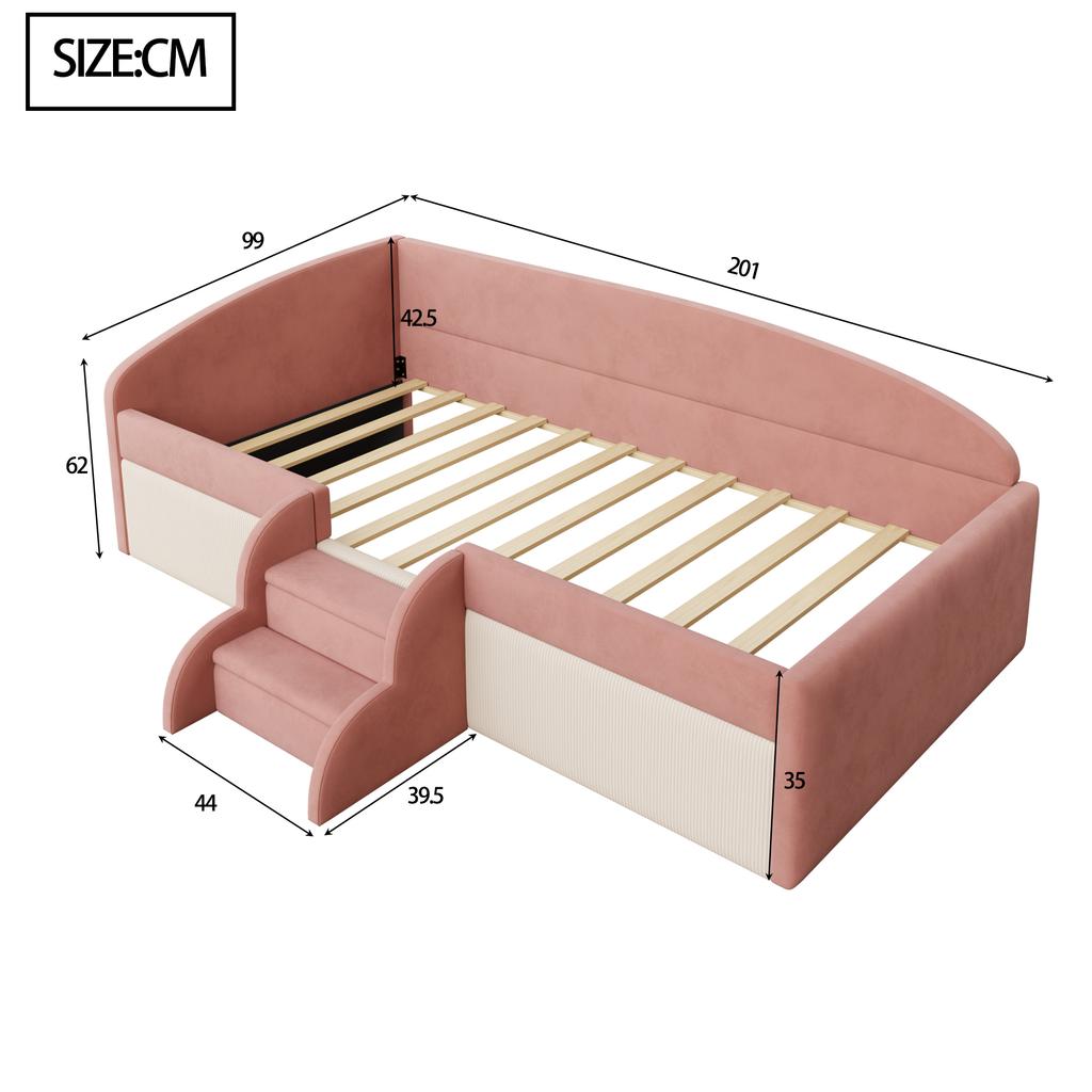 Upholstered Bed Sofa Bed, 90*190cm, Multifunctional Bed, with Steps and Guardrails, Skin-Friendly Velvet Fabric, without Mattress, Pink+Cream White