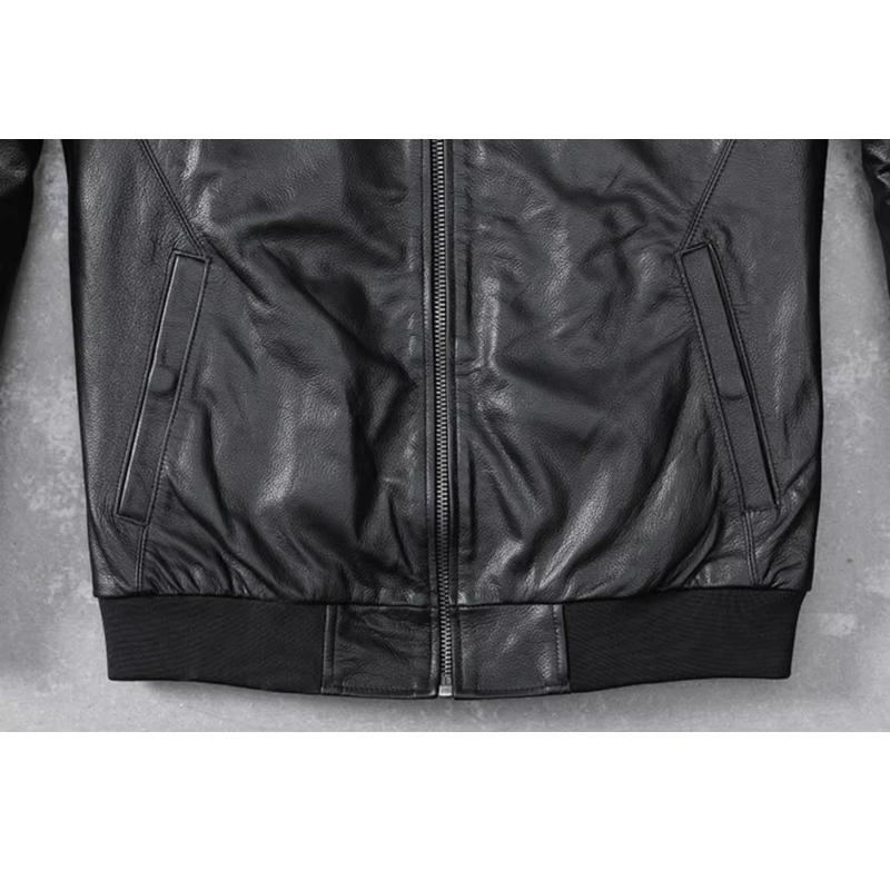 Embroidery Patches Baseball Jackets Genuine Cowhide Leather Jacket Men Motorcycle Biker Coats Autumn Mens Coat