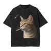 Cat Smoking Cigarette Meme Funny T Shirt Hip Hop Washed Cotton High Street T-Shirt Vintage for Men Women Tops Streetwear Tees