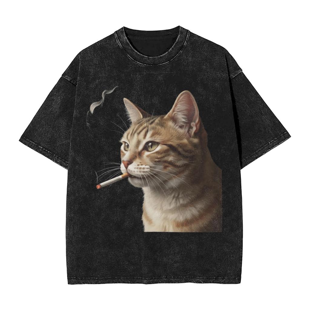 Smoking Cat Funny Washed T Shirts Streetwear Hip Hop Fashion T-Shirts Tees Tops Wo 100% Cotton Oversize Graphic Printed