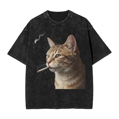 Cat Smoking Cigarette Meme Funny T Shirt Hip Hop Washed Cotton High Street T-Shirt  Vintage for Men Women Tops Streetwear Tees