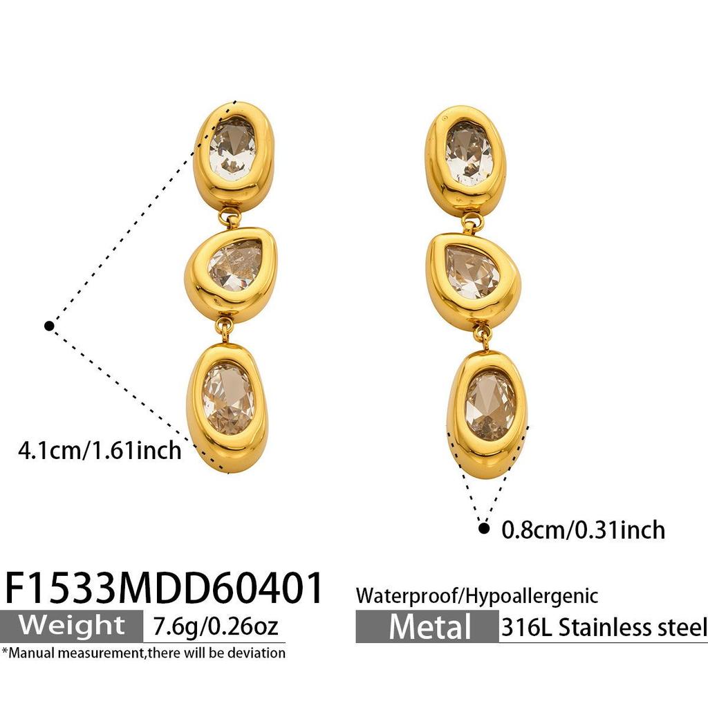 European Niche Design Zircon-Inlaid Water Drop Tassel Earrings, 18K Gold-Plated Stainless Steel