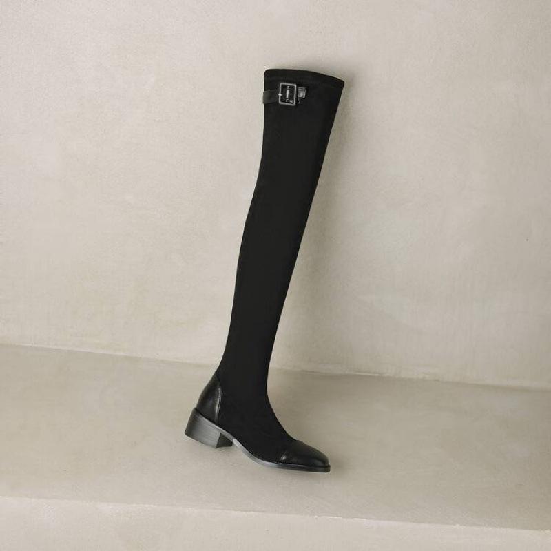 Autumn and Winter Sleeve Suede Over Knee Boots Women's Medium Heel Large Size Women's Boots Comfortable Elastic Rubber Sole Square Heel Bl