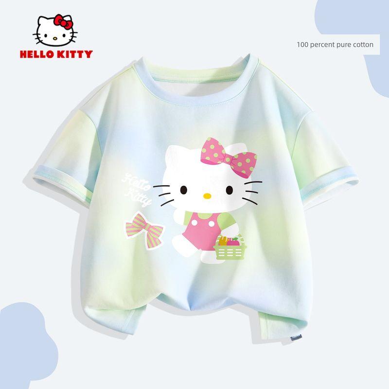Hello Kitty Girls' Short-Sleeved T-Shirt 2026 New Pure Cotton Rainbow Kidsren's Summer Wear Tie-Dye Cute Clothes Trendy