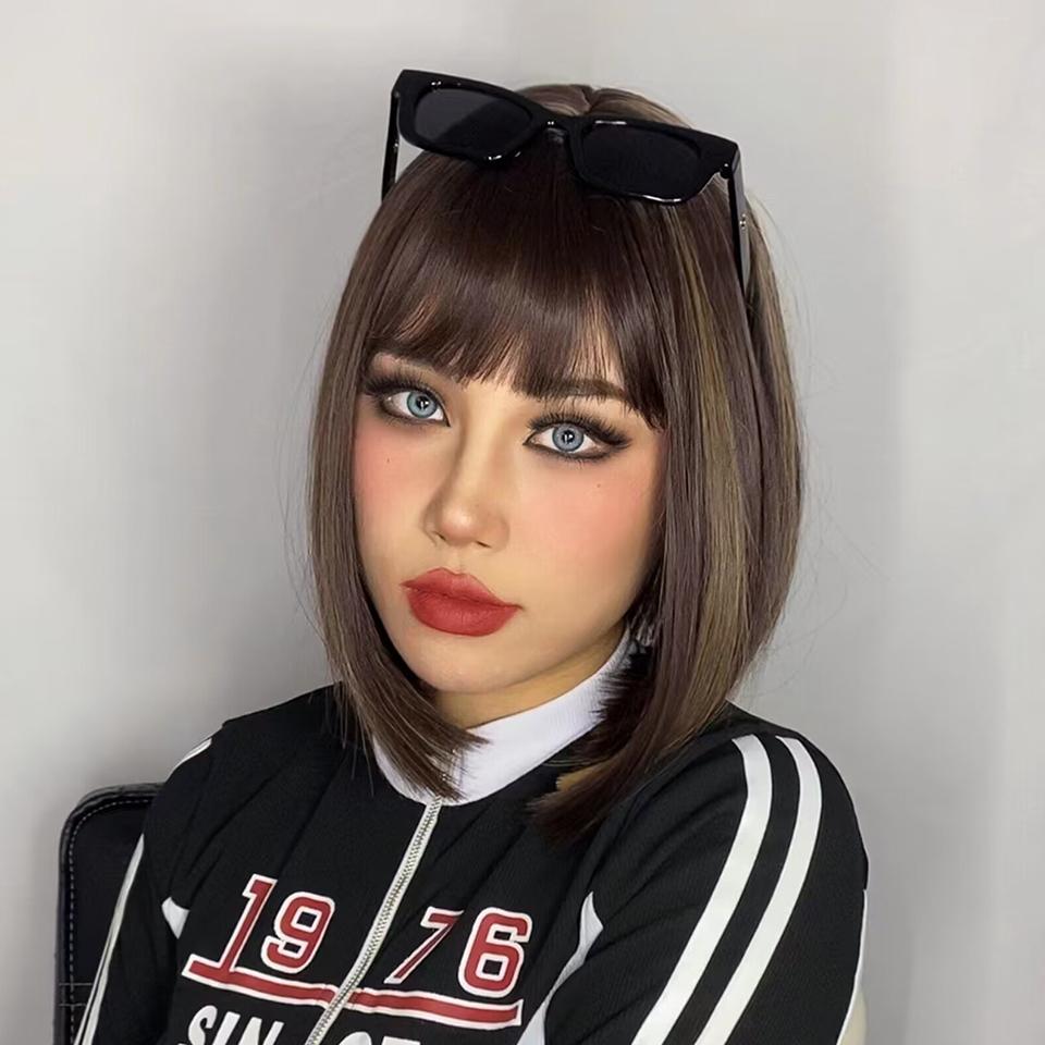 MISSQUEEN Synthetic Brown Gradient Bangs Bob Wig Shoulder-length Straight Wig Suitable for Female Role Daily Wig Heat-resistant Fiber