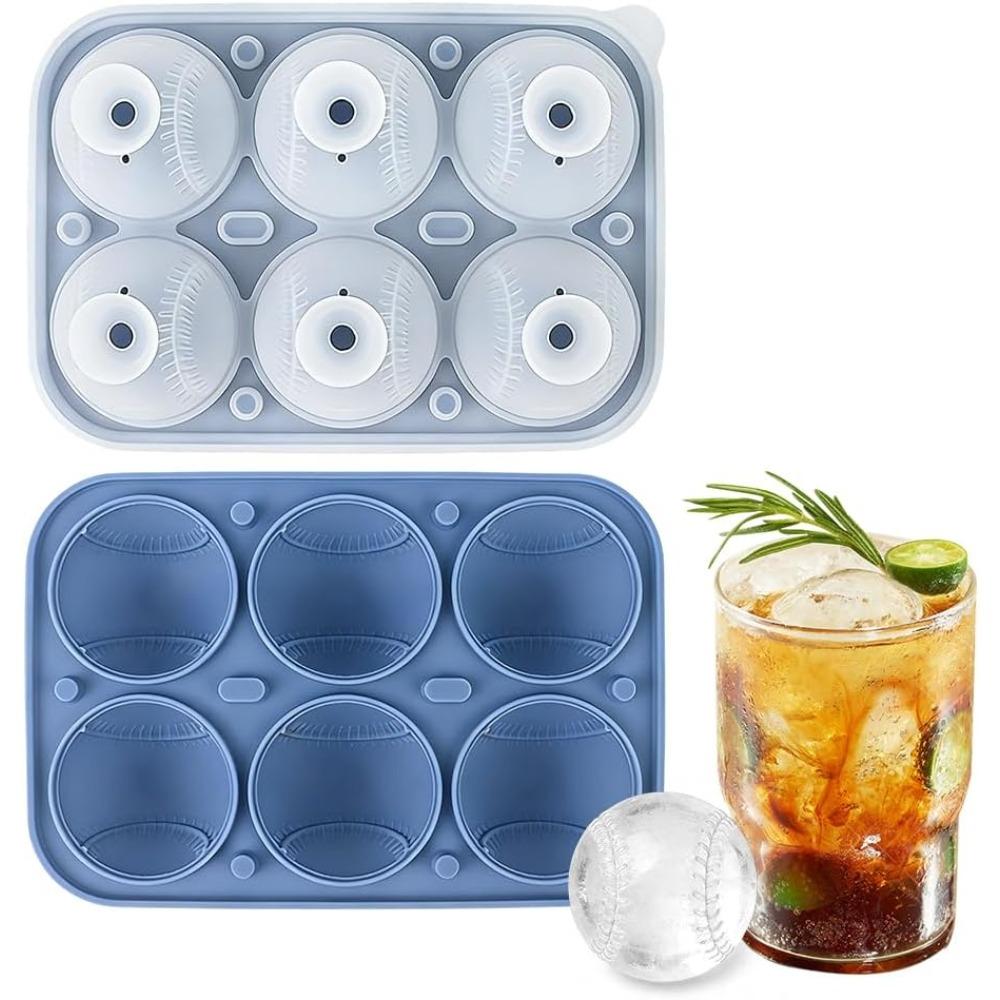 3D Baseball Ice Cube Molds, 6 Cavity Large 2.2 Inch Silicone Ice Cube Trays with Leakproof Lid, Slow Melting Big Round Whiskey Ice Maker