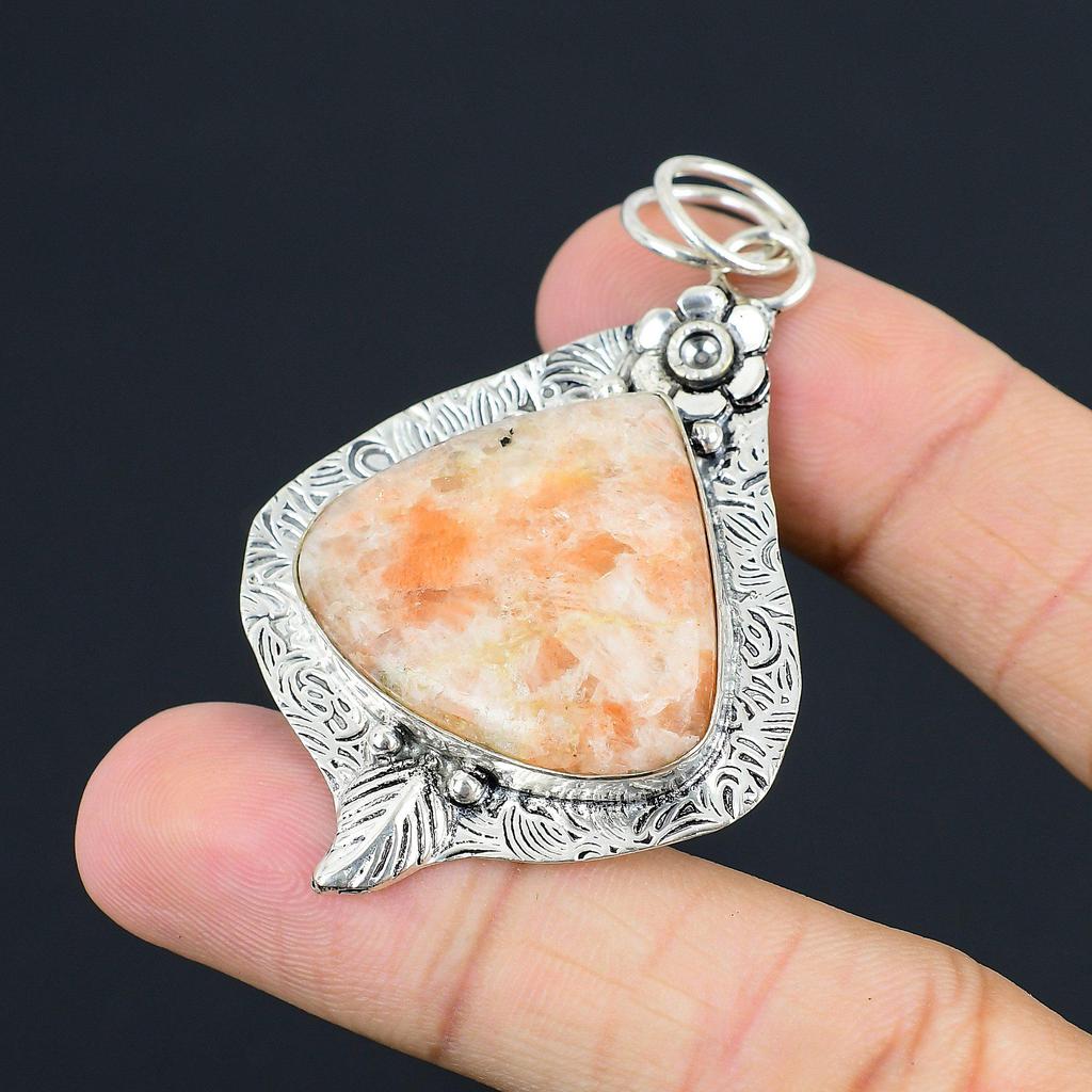 Wedding Gift For Her 925 Silver Natural Sunstone Gemstone Pendant Flower