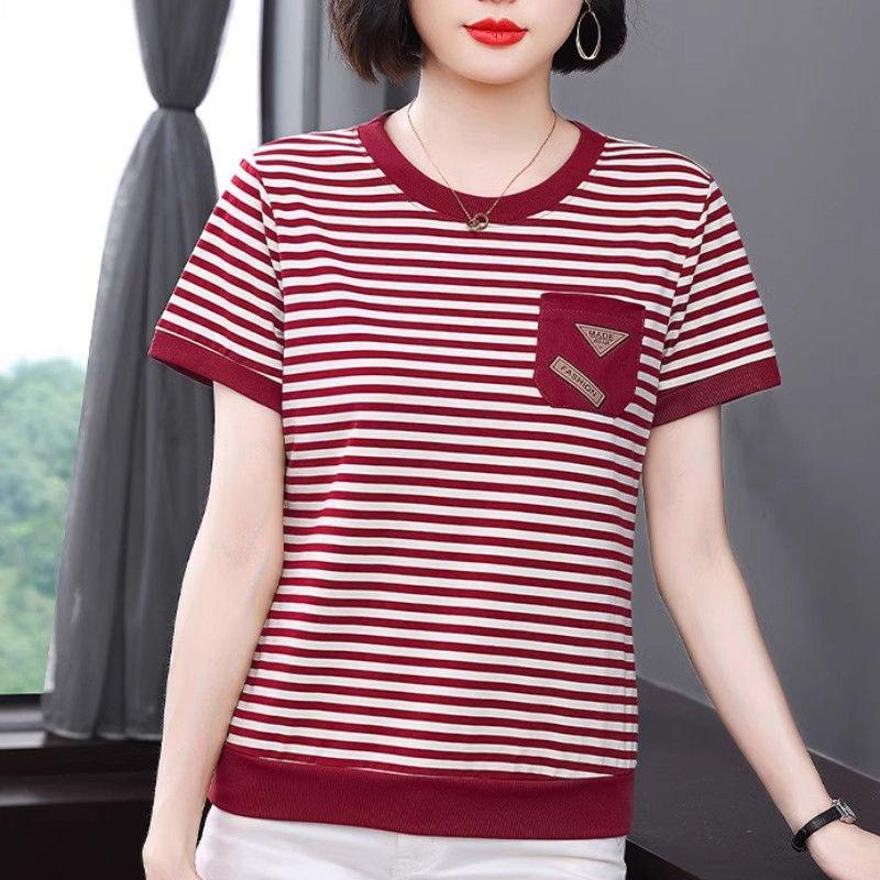 

Летняя полосатая футболка с коротким рукавом для женщин среднего возраста - Повседневный и молодежный стиль 2XL вино красного