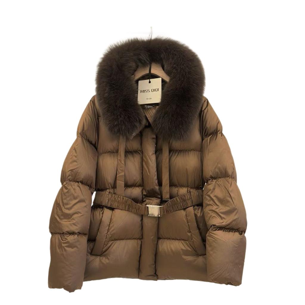 European Winter New Fox Fur Collar Hooded Down Jacket Women's Short Waist Thickened Warm Fashion Coat