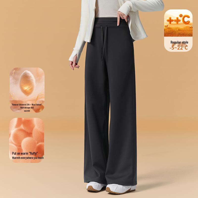 Women's Fleece-Lined Wide-Leg Sports Pants: Loose Fit, Plus Size (up to 220 Jin), Perfect for Running, Yoga, and Fitness.