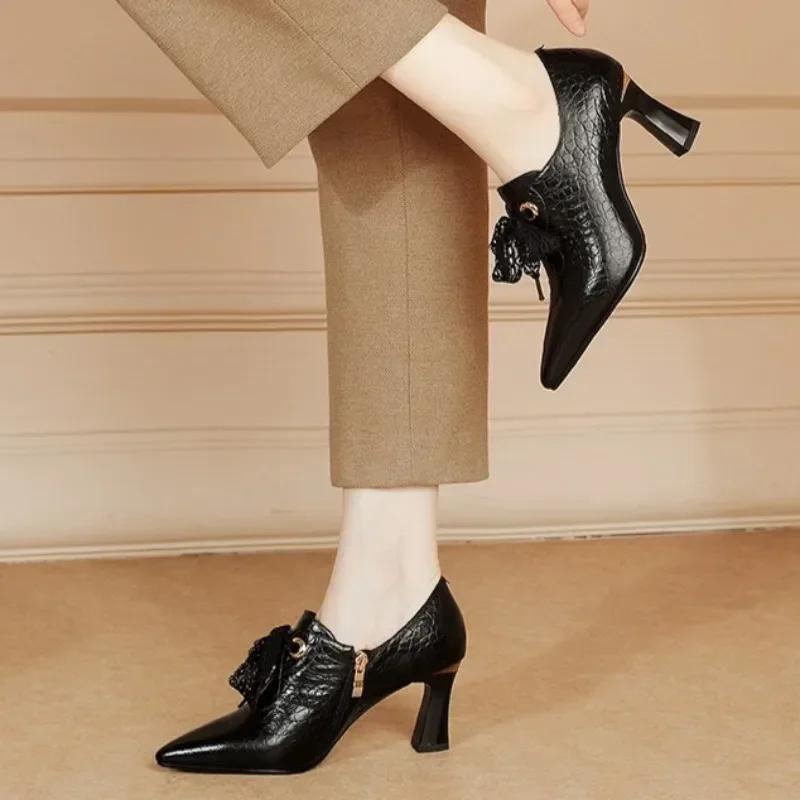 Fashion 2024 Women's High Heels PU Leather Sexy Pointed Toe Banquet Party Low-top Shoes Elegant Lace Lace-up Designer Women's High Heels