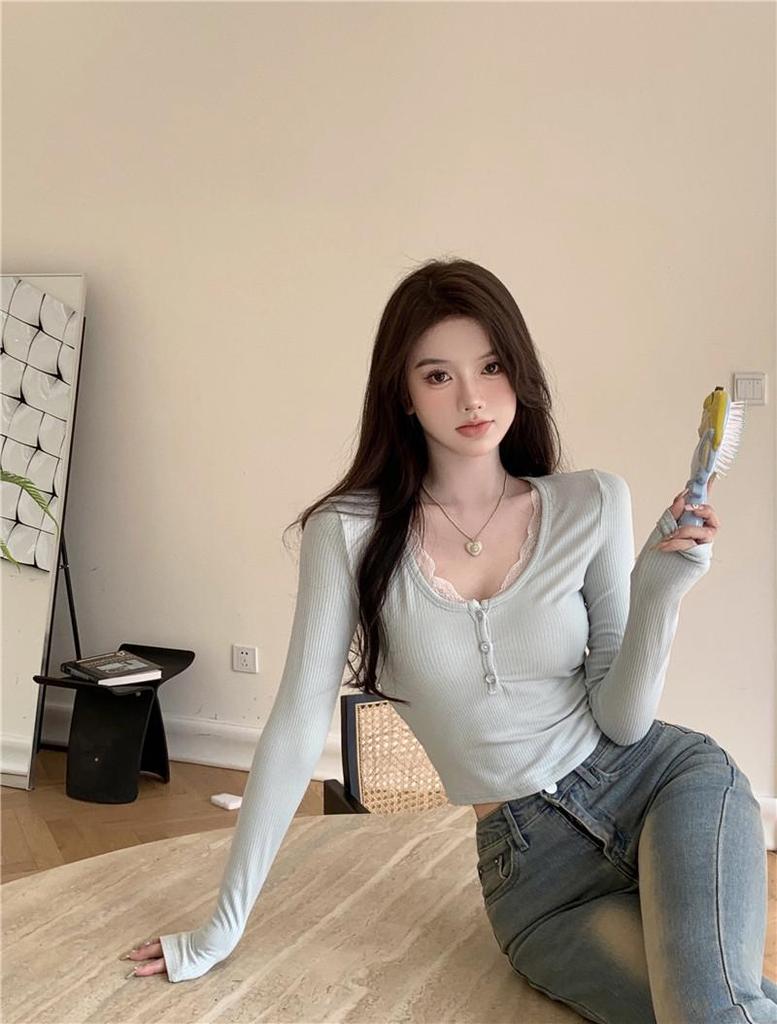 Sweet & Spicy Lace Patchwork Long Sleeve T-shirt - Women's Autumn/Winter Korean Style Sexy Base Layer Top