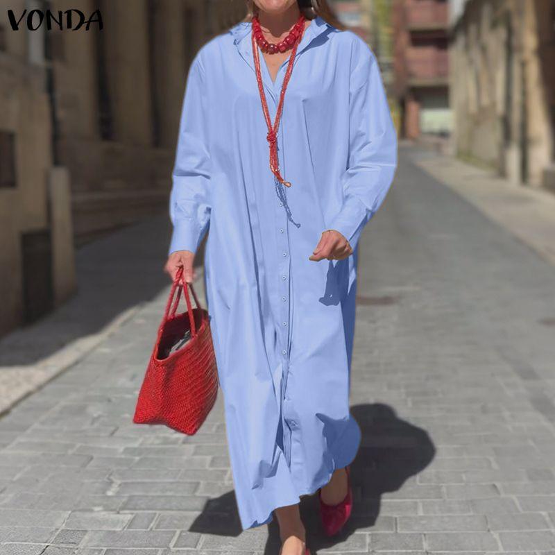 VONDA Women Elegant Lapel Neck Long Sleeve Baggy Pleated Casual Long Shirts Dress