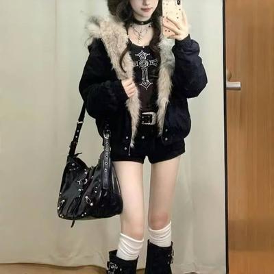 Winter New Elegant Liner Fur Loose Coat Women Y2k Fur Collar Hood Thick Fashion Parkas Casual Outerwear Cotton Padded Jackets