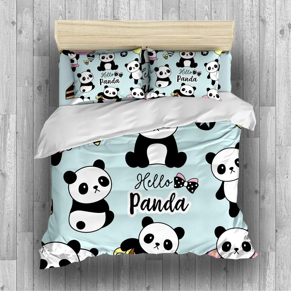 Panda König Komplettes Bettwäscheset Kinder Romantisches Bettwäscheset Cartoon Tier Bettbezug Fahrrad Ballon Libelle Polyester Bettdeckenbezug
