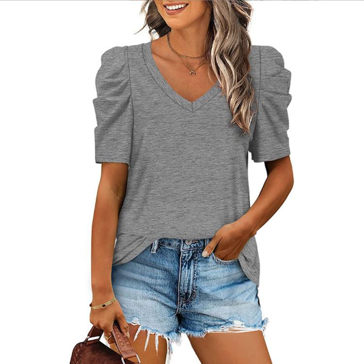 Women's  Fashion Summer Sexy Casual Loose T-Shirt Tops V-Neck Short Sleeve Tops Solid Color  Tops