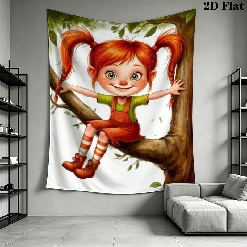 Pippi Longstocking Tapestry Cartoon Girl Horse Monkey Tree Wall Hanging Art Decor for Bedroom Living Room Home Backdrop