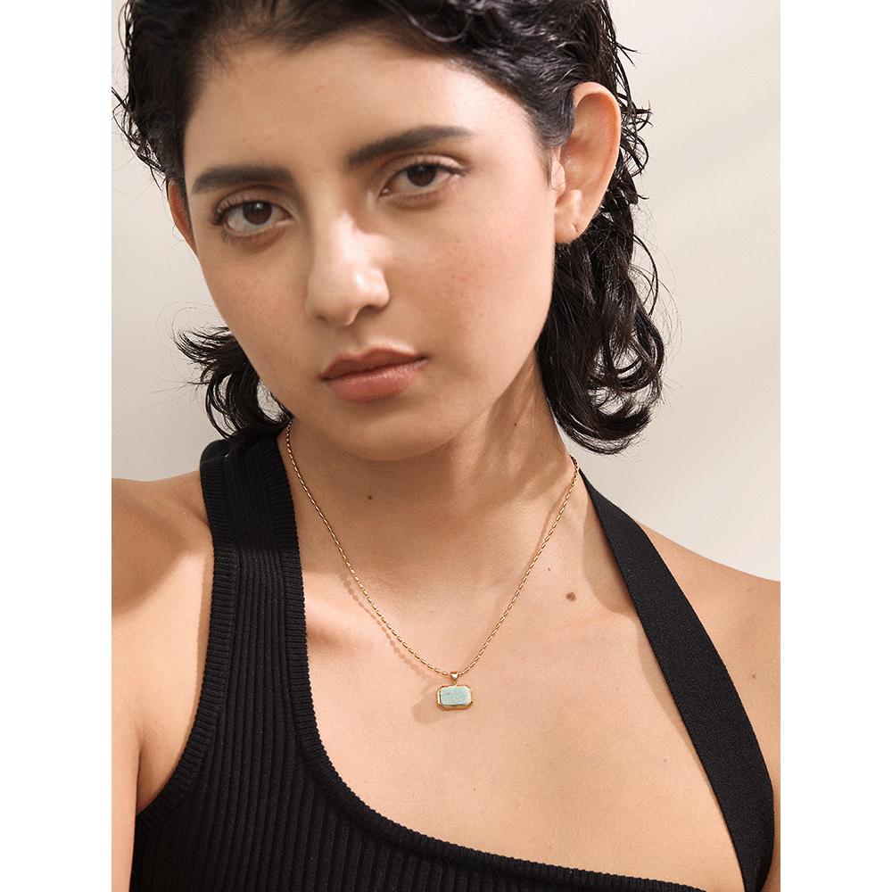 Yhpup Amazonite Square Natural Stone Stylish Pendant Stainless Steel Necklace Chic Exclusive Waterproof High Quality Jewelry