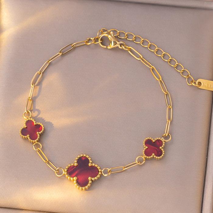 18K Light Luxury Titanium Steel Clover & Triple-Flower Bracelet with Mother-of-Pearl for Women