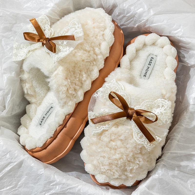 Damen Winter Warme Flauschige Baumwollpantoffeln mit Schleife - Rutschfest Postpartal Indoor