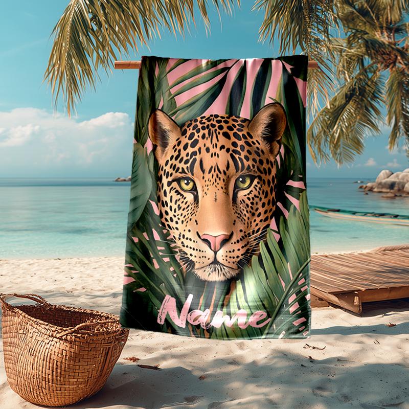 Custom Name Ultra-Soft Beach Towel with Leopard Theme,Ideal for Pool - Camping, Diving - Perfect Travel Essential, Vibrant Beach Towel.