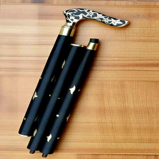 Floral Brass Handle Wooden Walking Cane  Foldable  Style