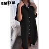 GMXIA Women's Fashion Summer Spring Solid Color Print POLO Neck High Waist Casual Dresses