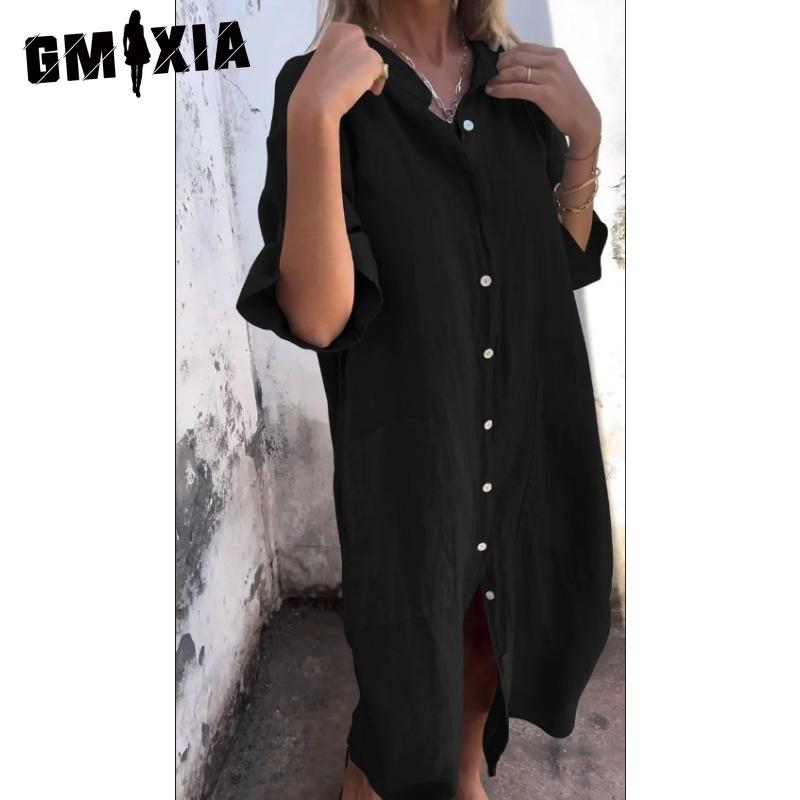 GMXIA Women's Fashion Summer Spring Solid Color Print POLO Neck High Waist Casual Dresses