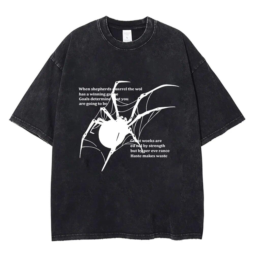 Spider Print Washed Vintage T Shirt Hip Hop Unisex Women T-shirt Harajuku Gothic Punk Cotton Summer Loose T Shirts Streetwear Y2k