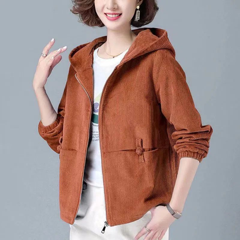 Women's Corduroy Short Jacket Korean Style Loose Versatile Plus Size Slimming Casual Sweatshirt Jacket for Spring and Autumn