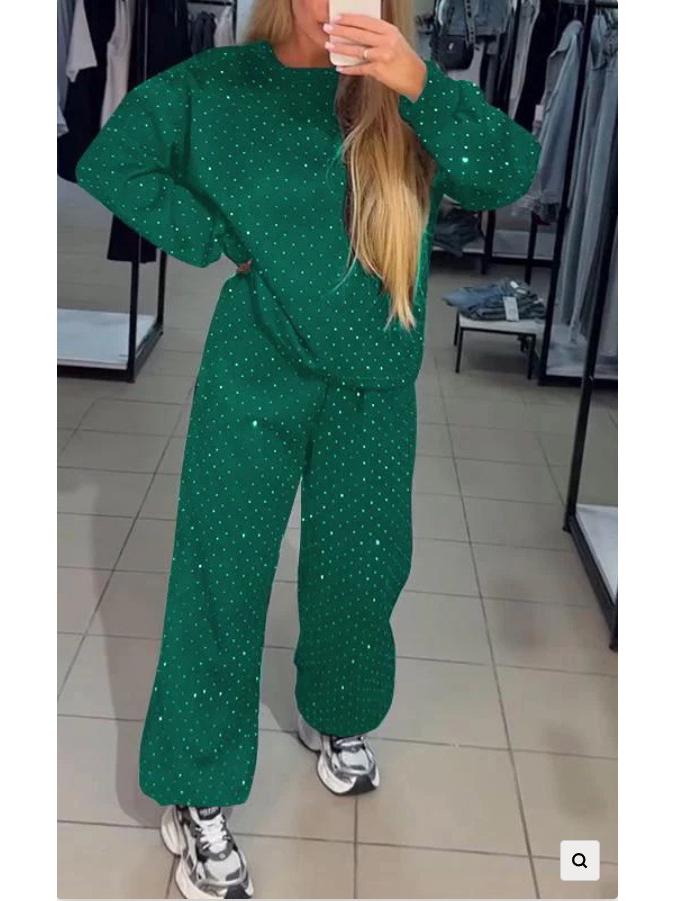 2024 Women's Casual Round Neck Long Sleeve Hot Drilled Drawstring Two-Piece Set for Autumn/Winter