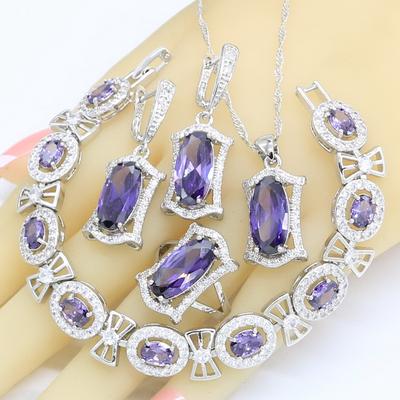 Geometrische Lila Zirkon Farbe Hochzeitsschmuck Sets für Frauen Halskette Anhänger Ohrringe Ringe Armband Geschenkbox