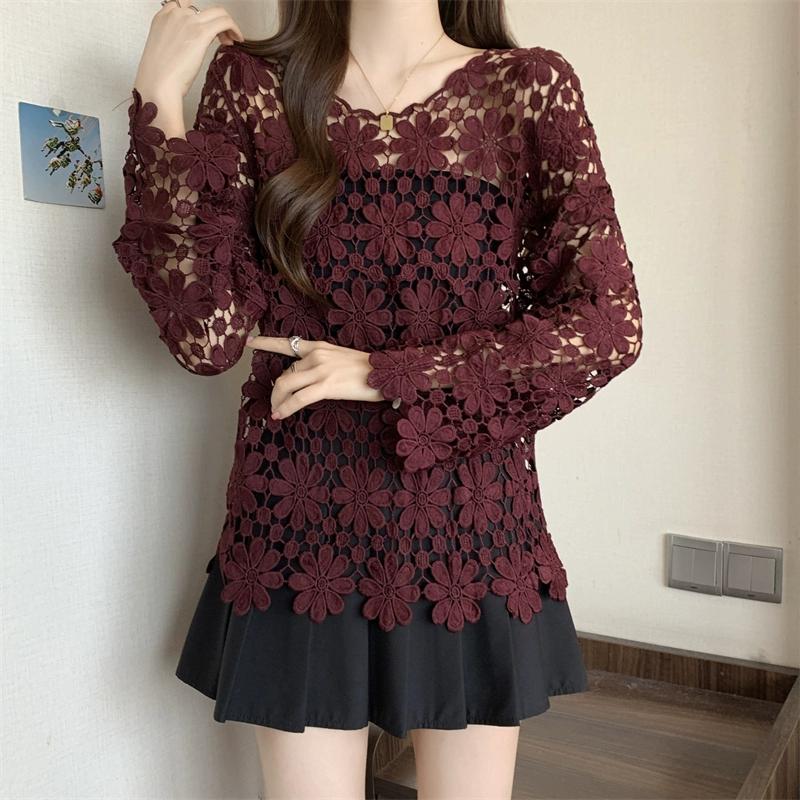DIMANAF 2025 New Summer Women Hollow Out Holiday T-Shirt Basic Lace Fashion Tops Lace Tees Casual Loose Tees