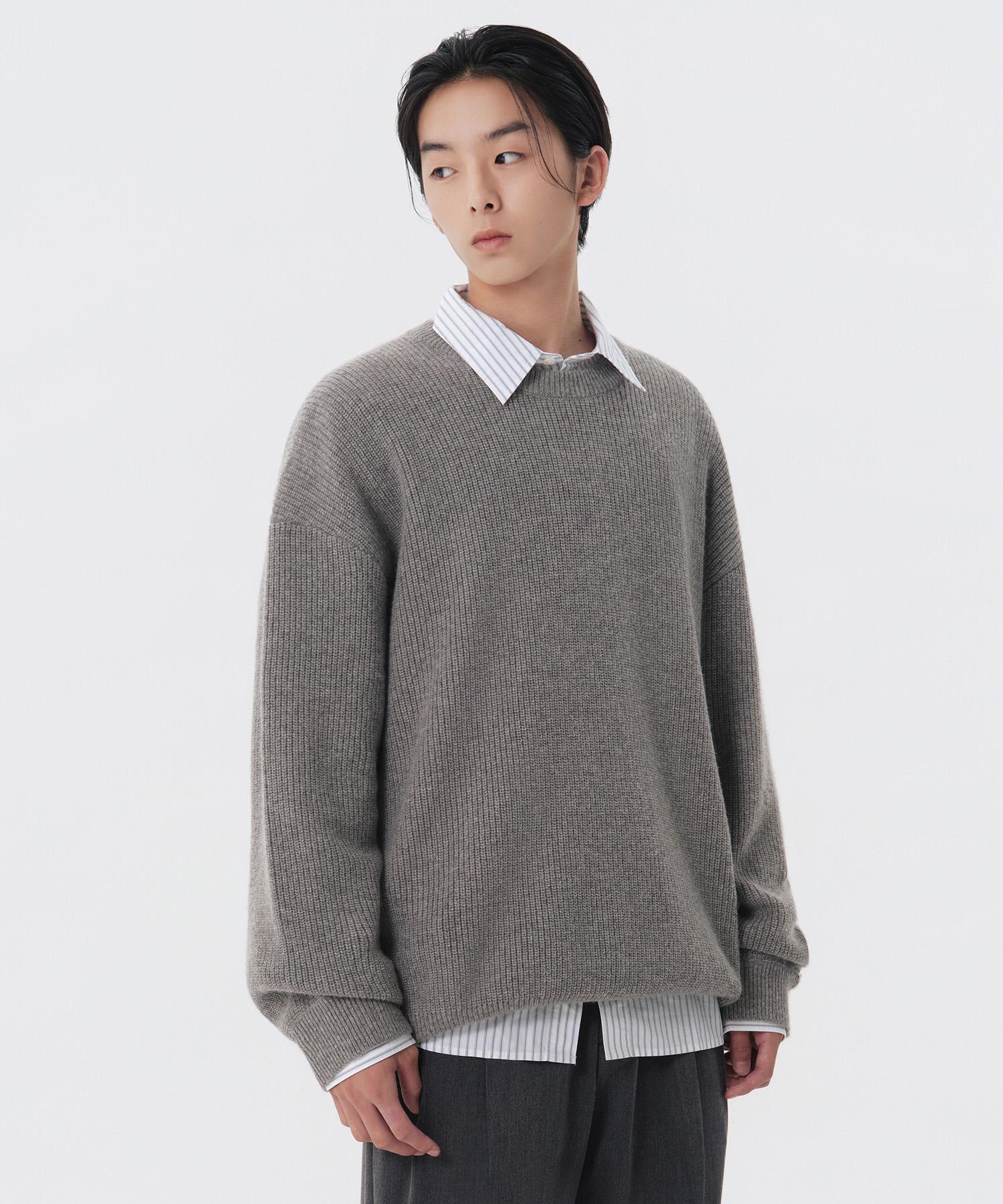 Musinsa Standard Oversized Ribbed Crew Neck Knit [Melange Light Grey] Melange Light Gray/L