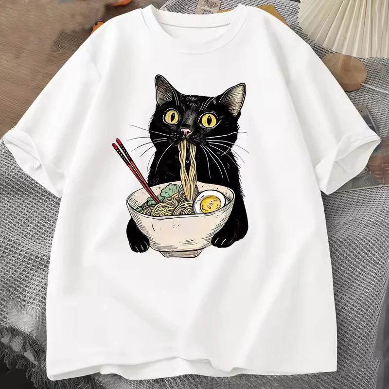 Black Cat Eating Ramen T-shirt XXXL