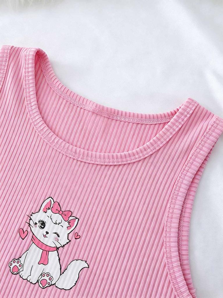 Girls Pajama Set, Sleeveless Cat Print Tank Top & Plaid Pants, Soft Ribbed Loungewear Sleepwear for Kids 8-12 Years