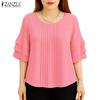 ZANZEA Women Casual Round Neck Loose 3/4 Sleeve Plain Blouse