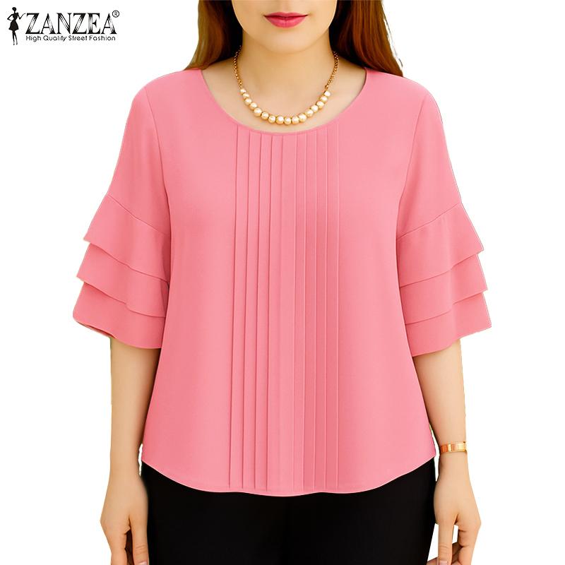 ZANZEA Bluză obișnuită, lejeră, cu mâneci 3/4, cu gât rotund