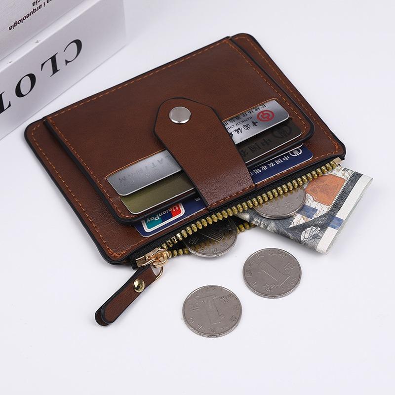Portefeuille porte-cartes en cuir vintage pour homme Blocage RFID Fin Fermeture éclair Porte-monnaie Portefeuille minimaliste pour poche avant avec plusieurs fentes pour cartes et fermeture à bouton-pression