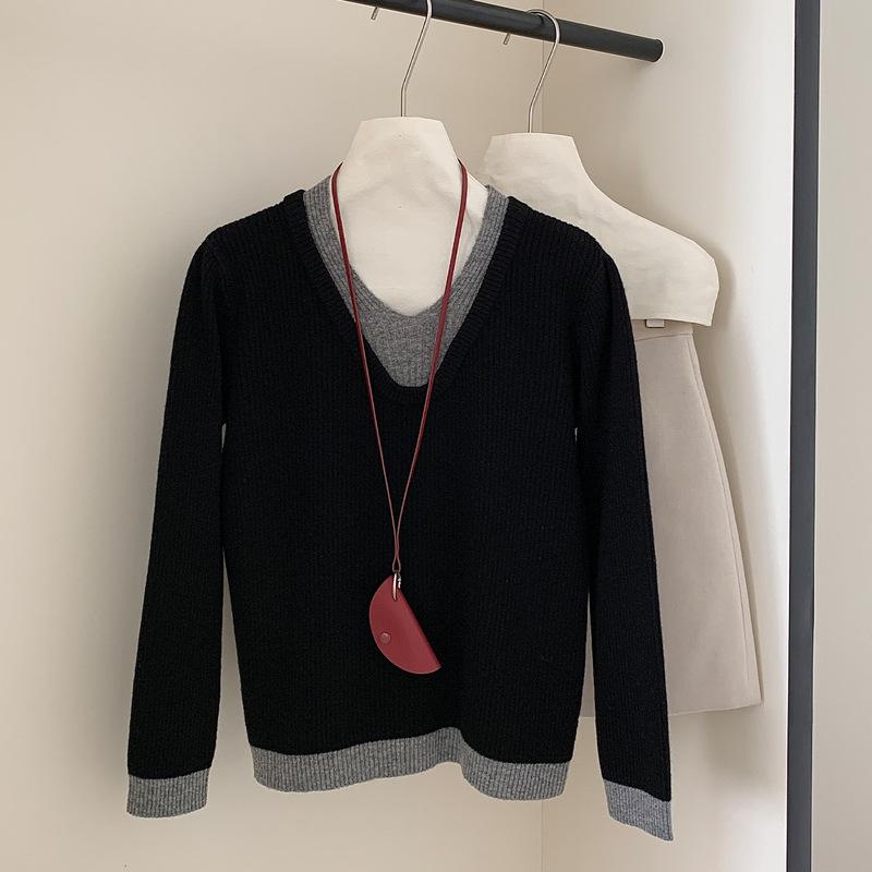 Women's V-Neck Wool Sweater: Color Block, Faux Two-Piece, Long Sleeve Knitwear
