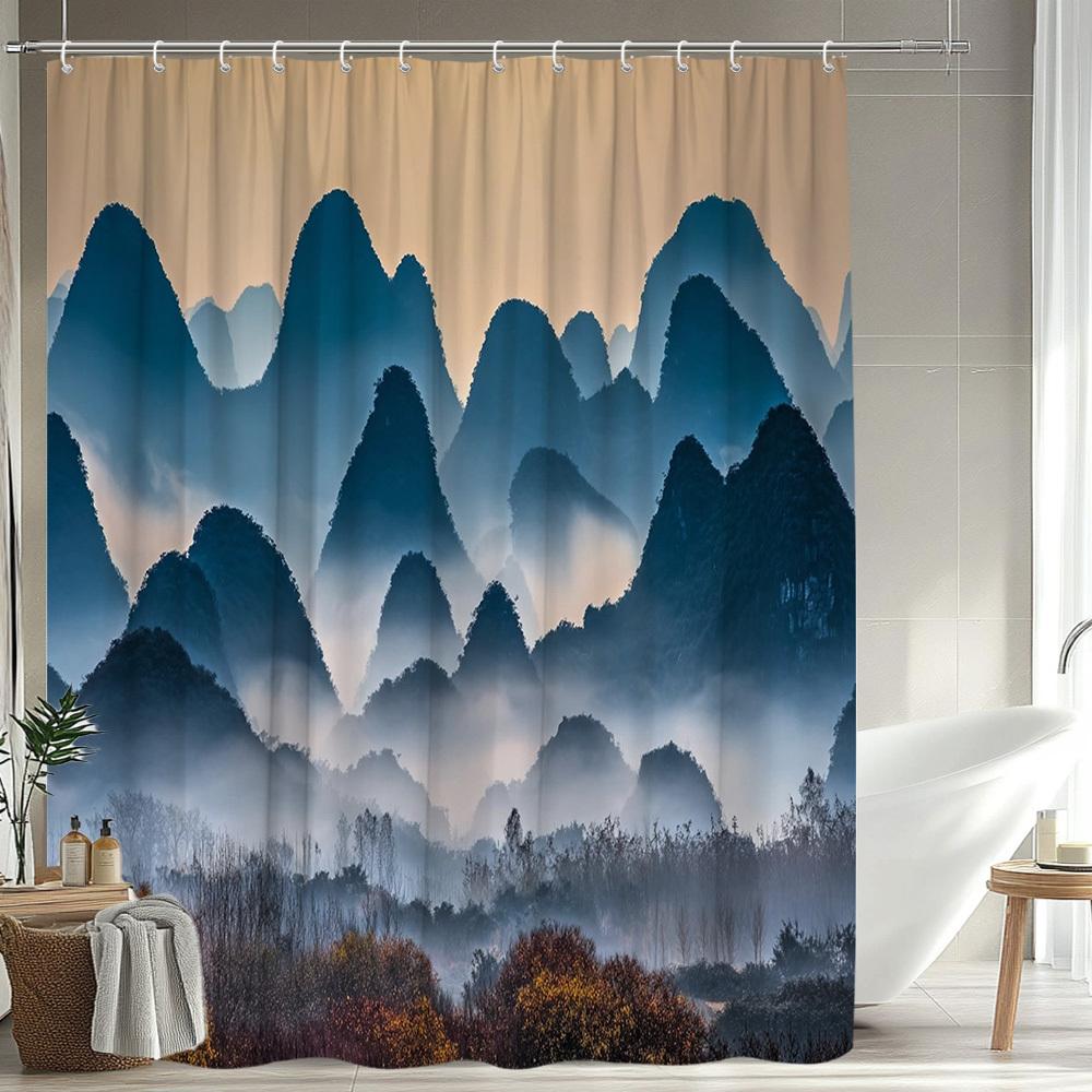 1Pc Landscape Mountain And River Shower Curtain Bathroom Decor Polyester Fabric Bathtub Divider Hanging Curtain With 12 Hooks