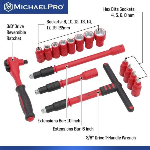 MichaelPro 16-Piece 3/8-Inch Drive VDE Insulated Tool Set, Includes Sockets, Bits, Sockets, Wrenches, and Ratchets, MP005047