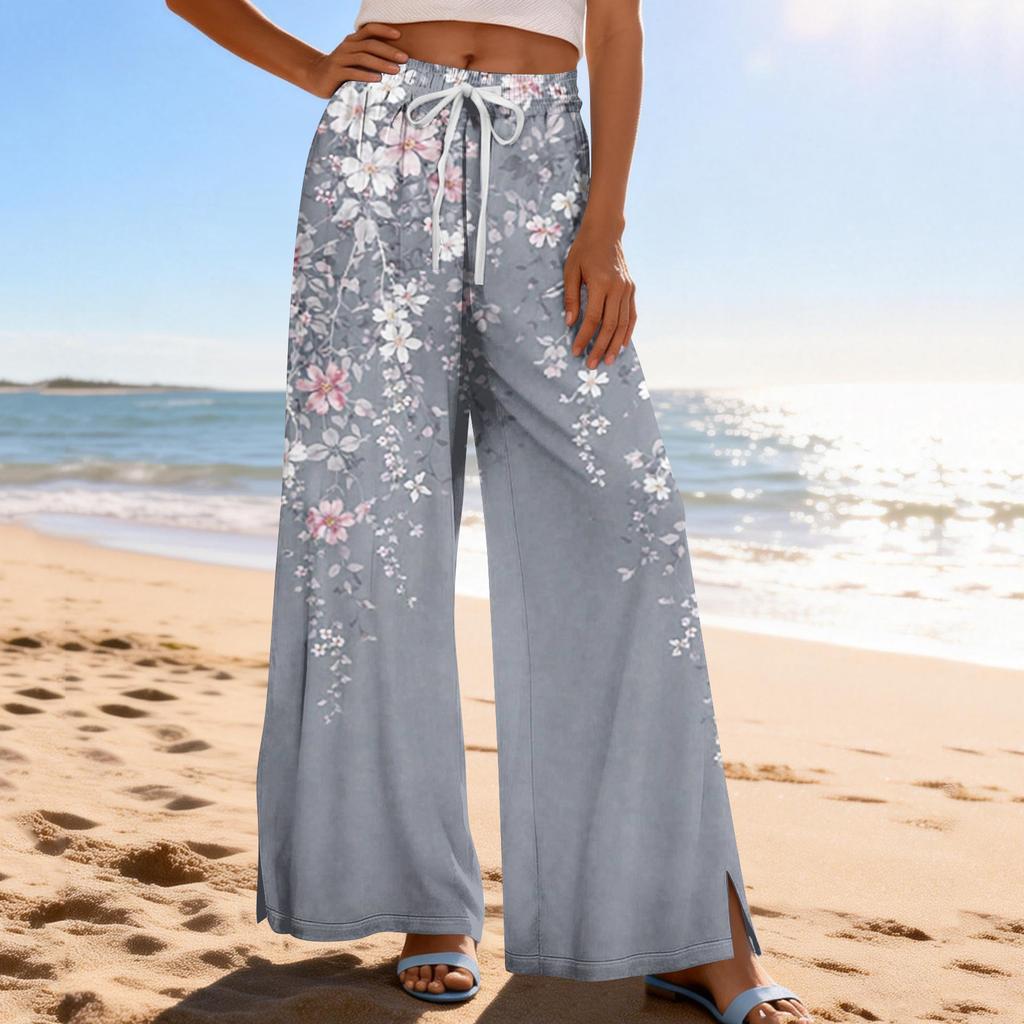 Women Summer Boho Palazzo Pants High Waist Wide Leg Printing Casual Trousers With Pockets
