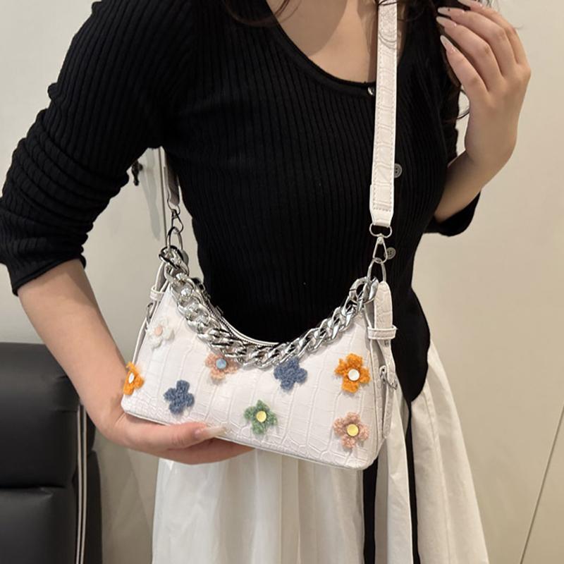 New Crocodile Pattern French Toast Bag Fashion Flower Embroidery Chain Shoulder Bag Women's Shoulder Cross-Body Bag AVE