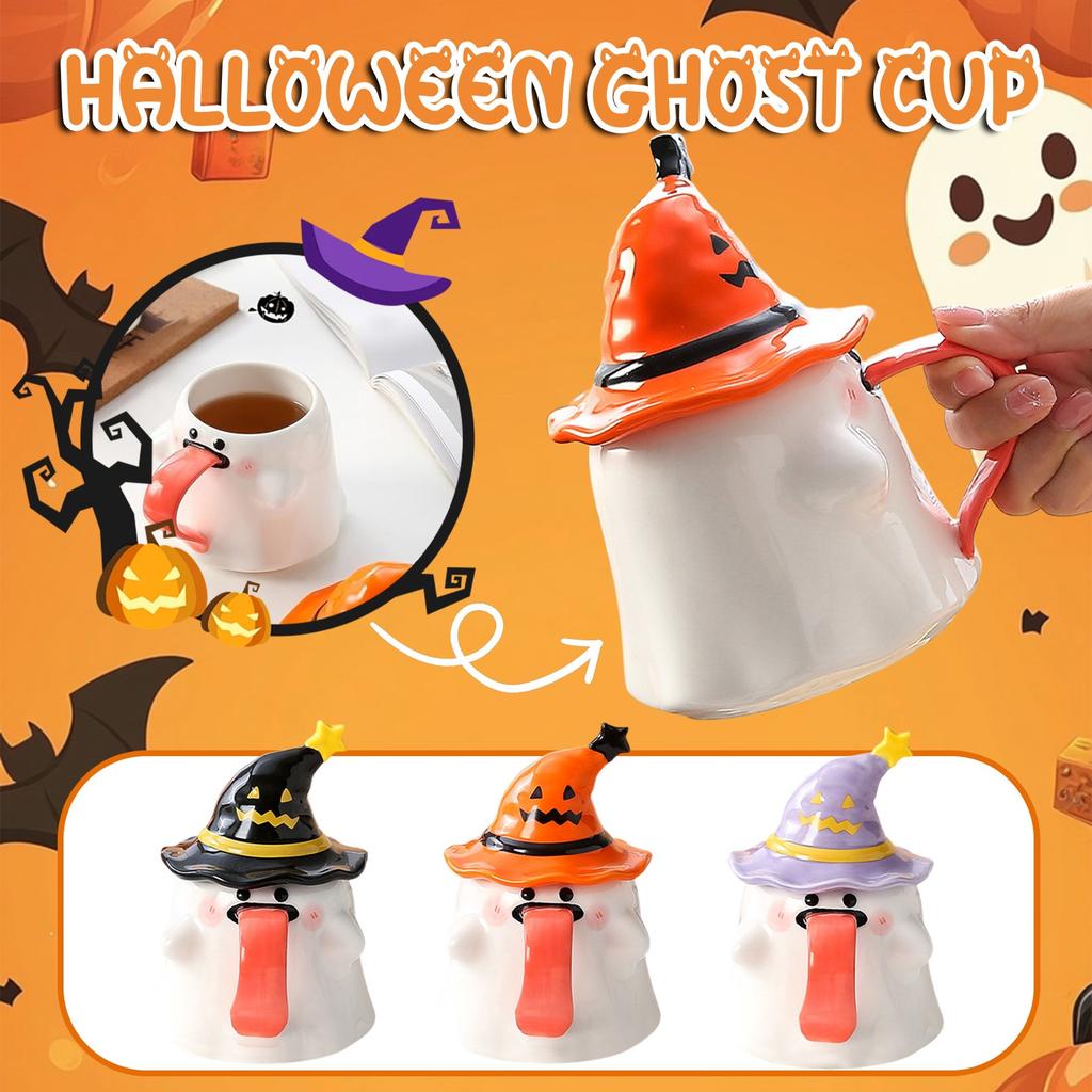 Halloween Cup With Witch Hat Ghosts, Cute Creative Tongue Sticking Cup, Novel Halloween Ceramic Tea Cup