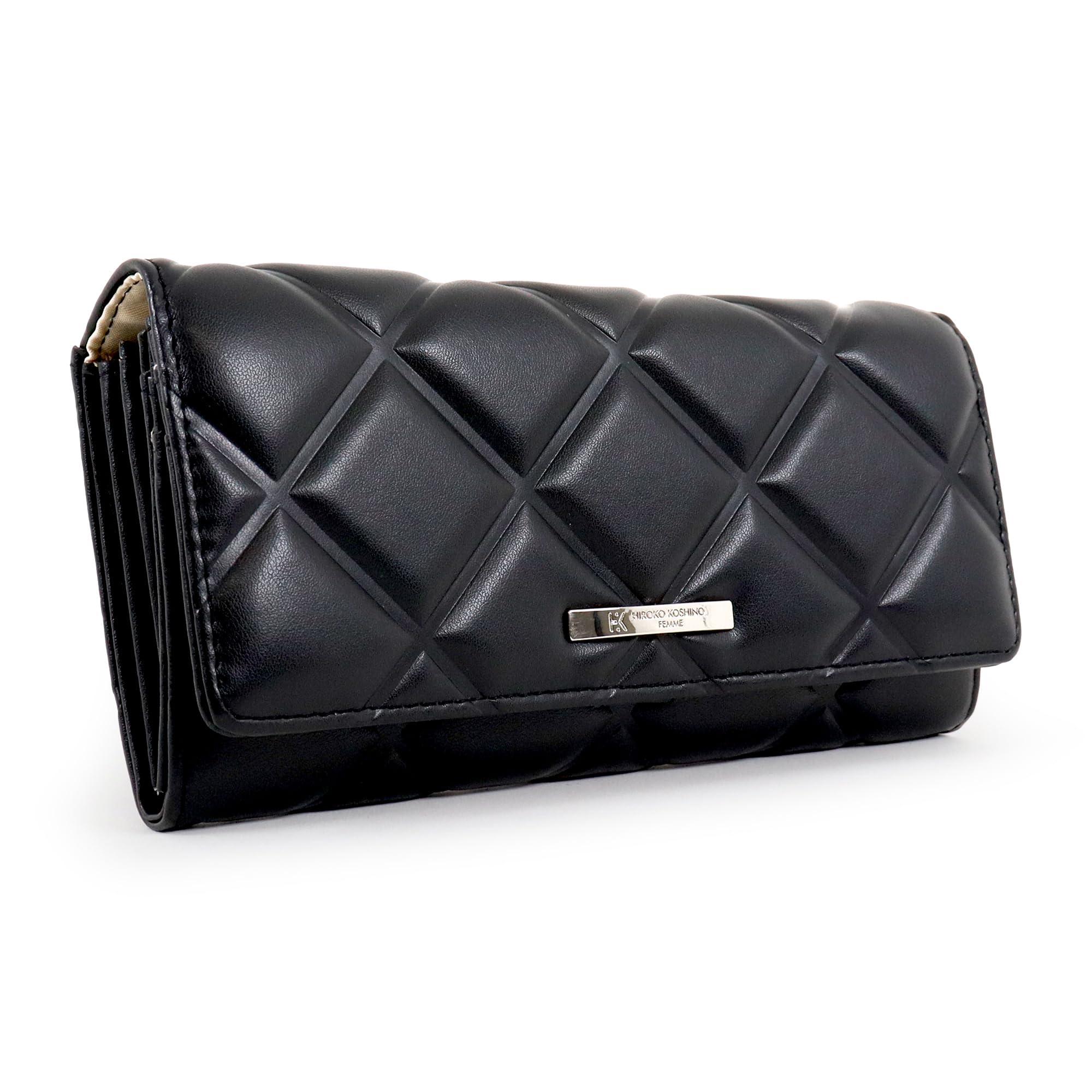 Женский длинный кошелек Hiroko Koshino Femme, большая вместительность, стеганый вафельный узор, стильный (черный)