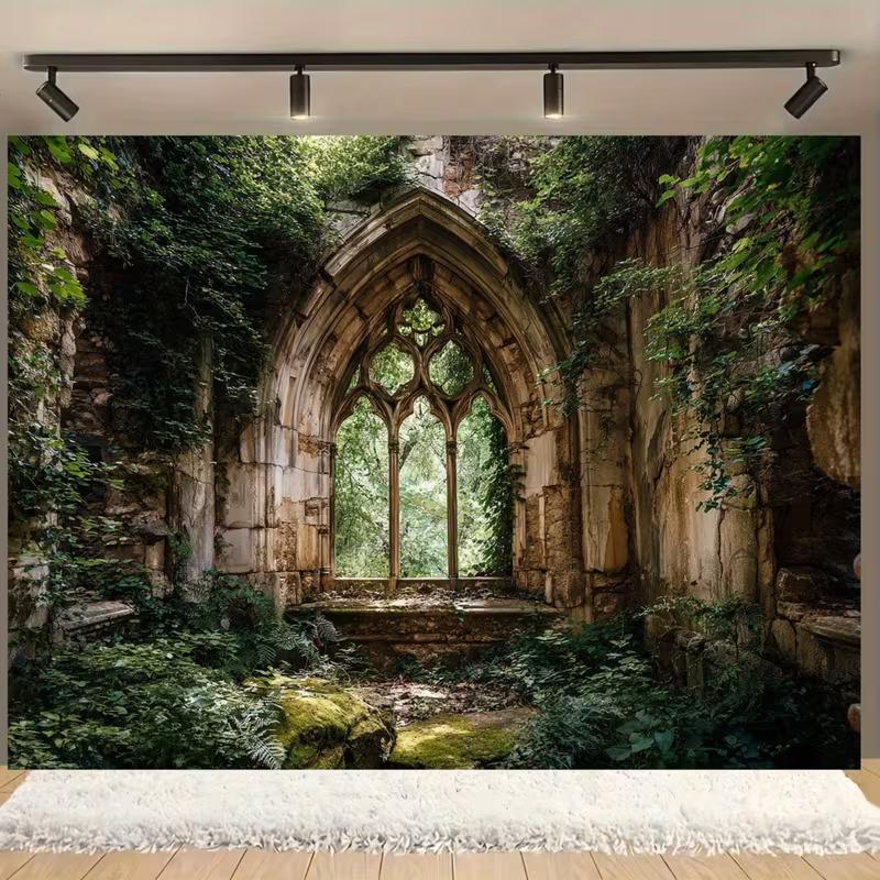 2D Abandoned Cathedral Archway Covered in Ivy and Moss Party Backdrop 47.2x31.5inch/120*80cm