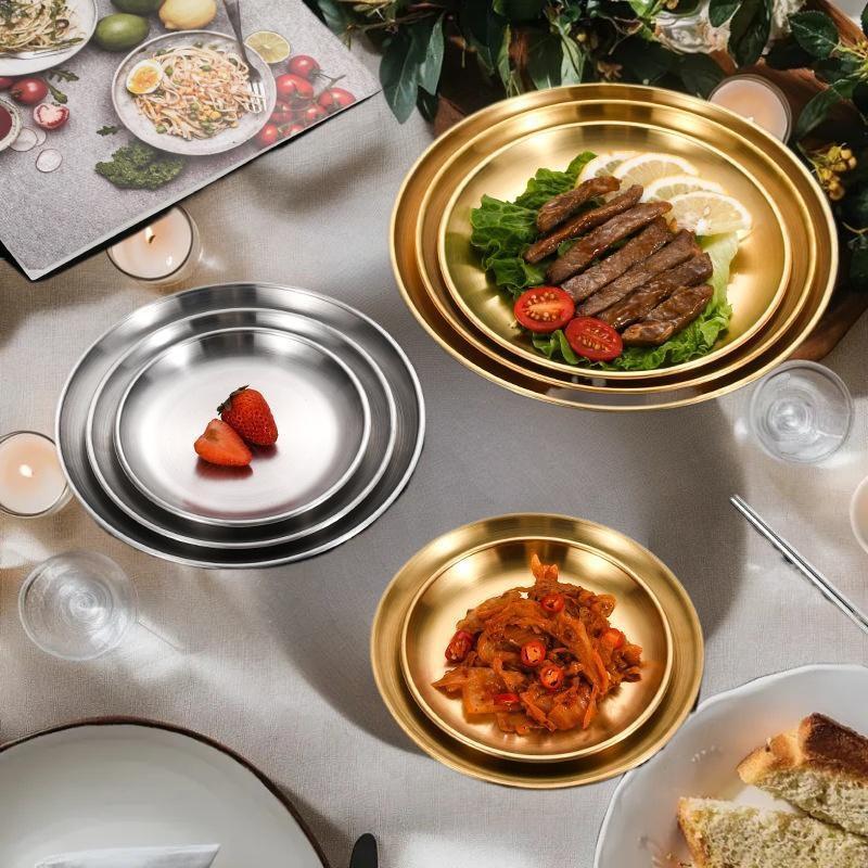 Hot 1PC Thickened New Stainless Steel Disc Golden Cafe Tray Dining Disc Fruit Meat Dessert High Quality Round Plate Shallow Tray