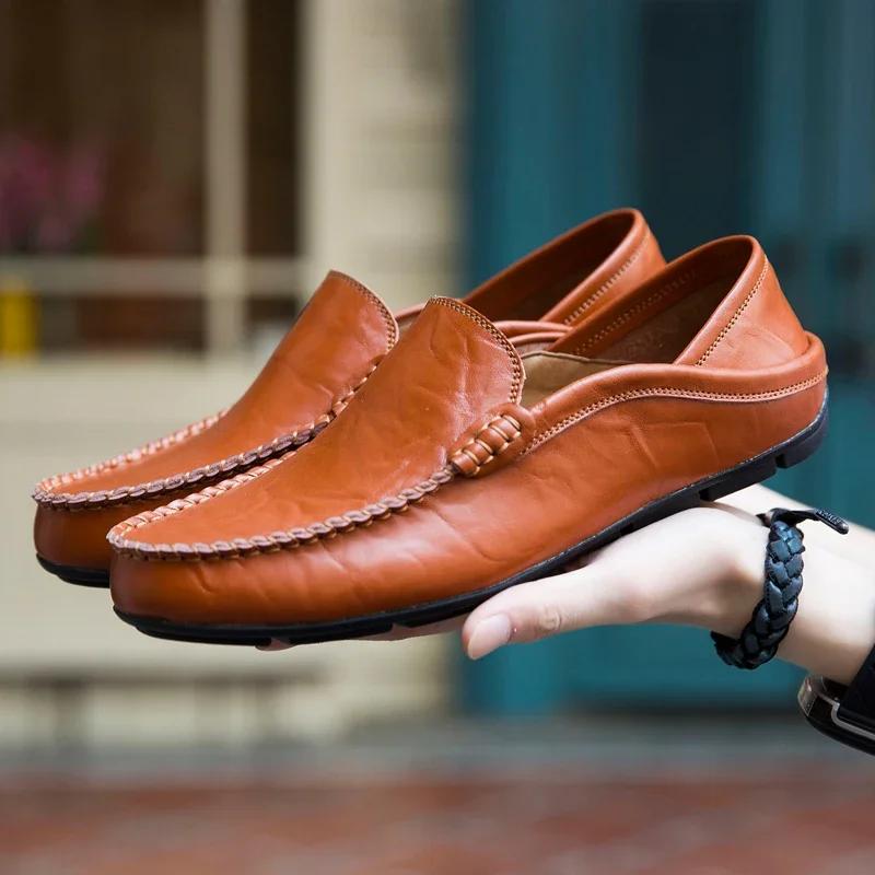 Summer Fashion Men Loafers Italian Casual Luxury Brand Men Shoes Genuine Leather Moccasins Light Breathable Slip On Boat Shoes