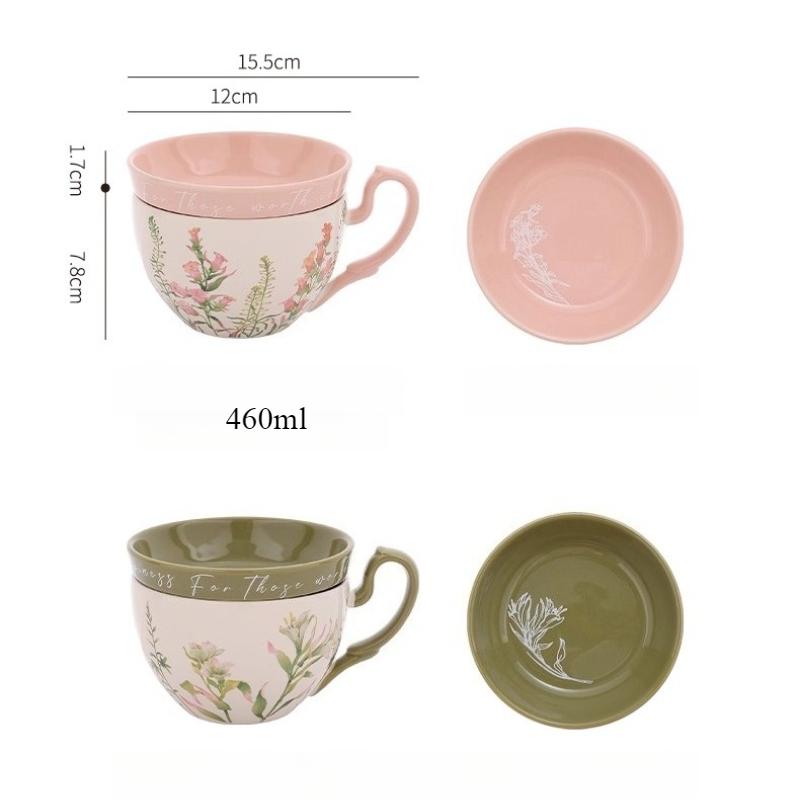 460ml Large Capacity Ceramic Cup with Cover, Breakfast Cup with Crank, Retro Rural Style Ceramic Mug Coffee Cup and Dishes Sets